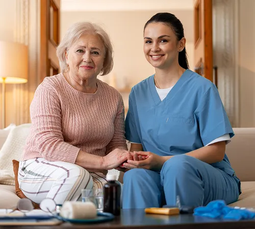 Doctor and patient are sitting on the soffa